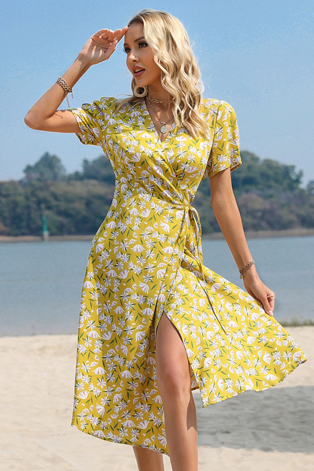 Floral Surplice Neck Short Sleeve Dress