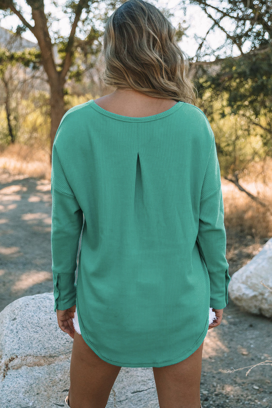 Seam Detail Curved Hem Long Sleeve Top