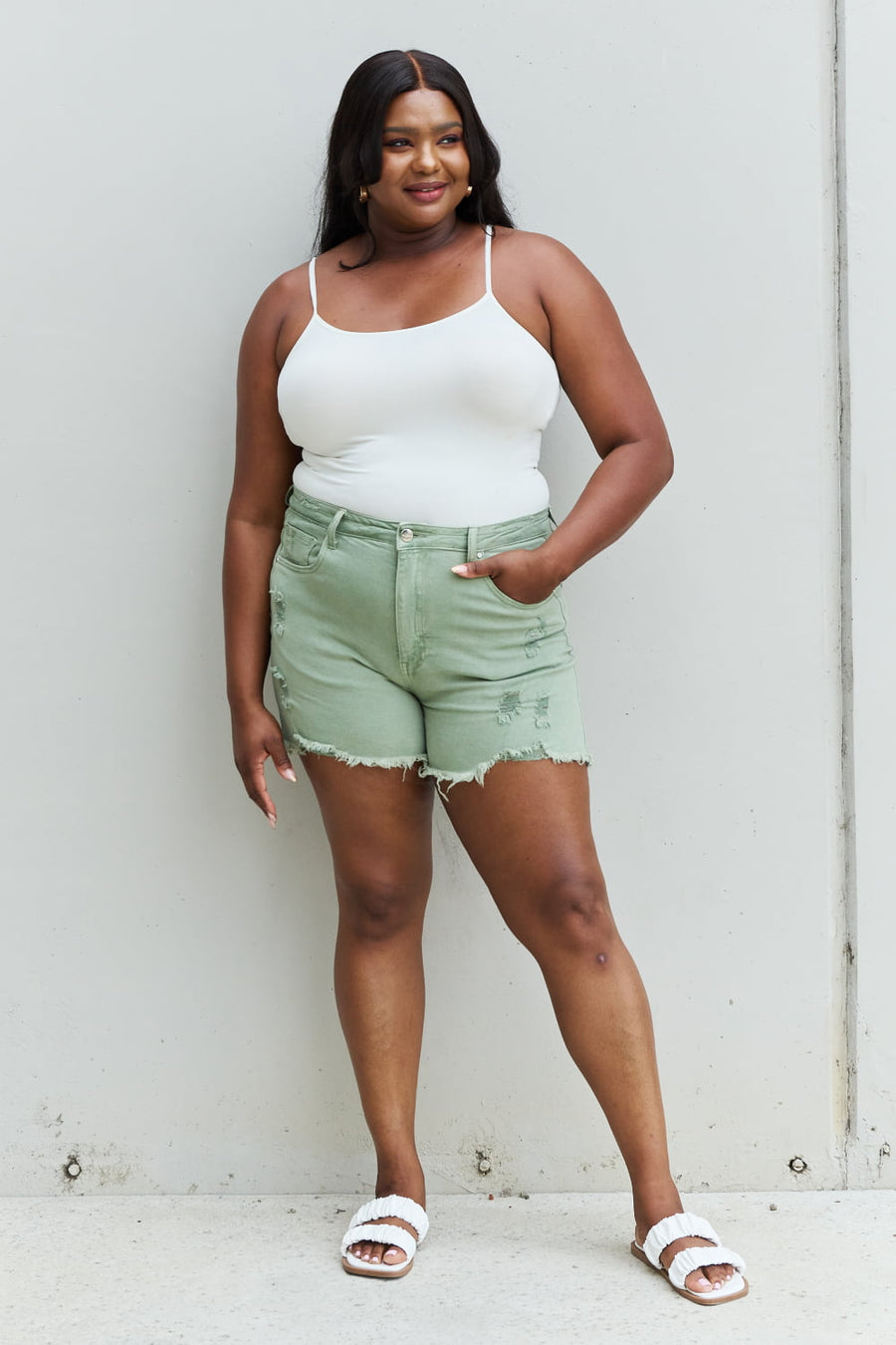 RISEN Katie Full Size High Waisted Distressed Shorts in Gum Leaf