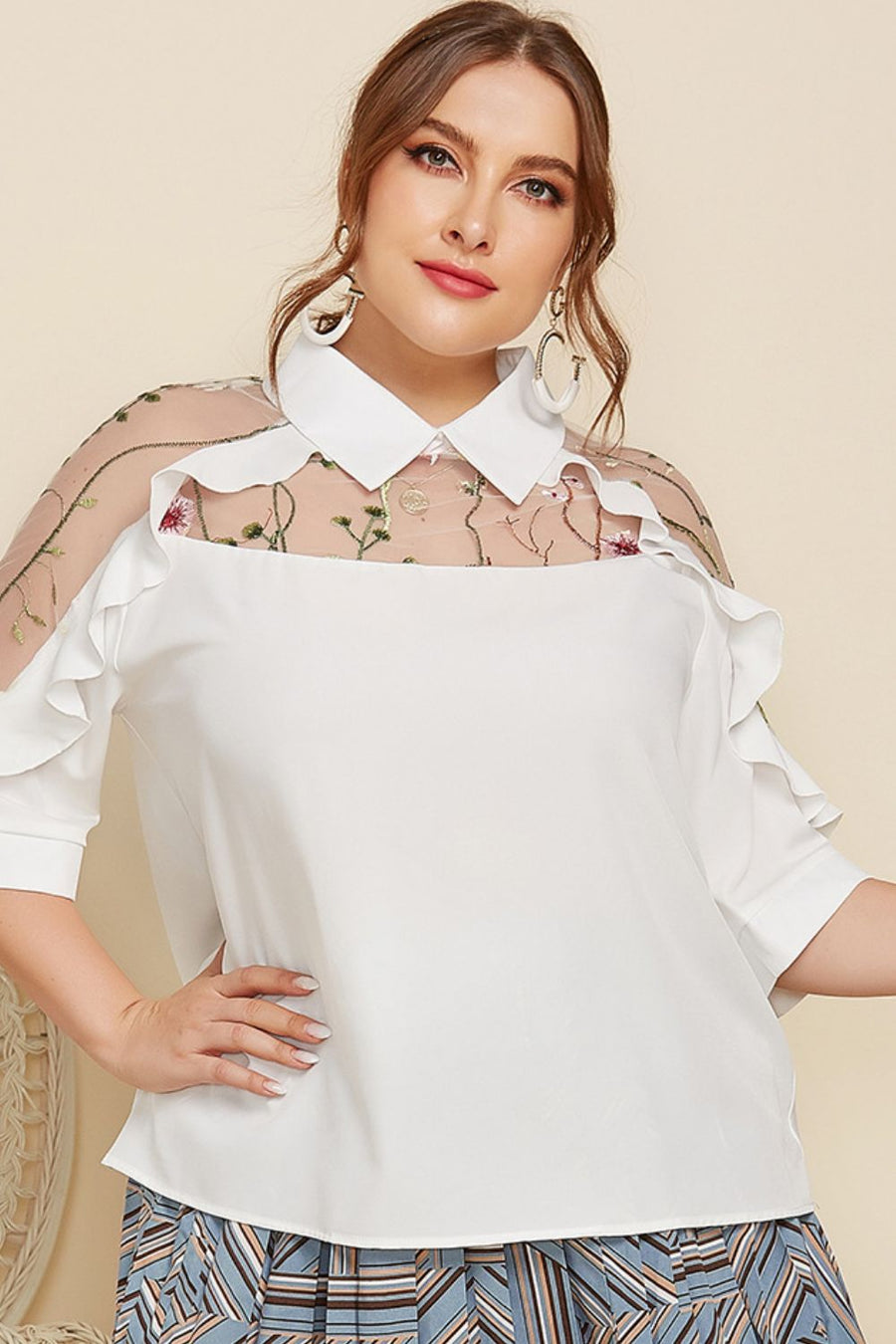 Plus Size Embroidered Ruffle Trim Collared Half Sleeve Blouse