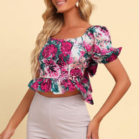 Floral Tied Cropped Peplum Blouse