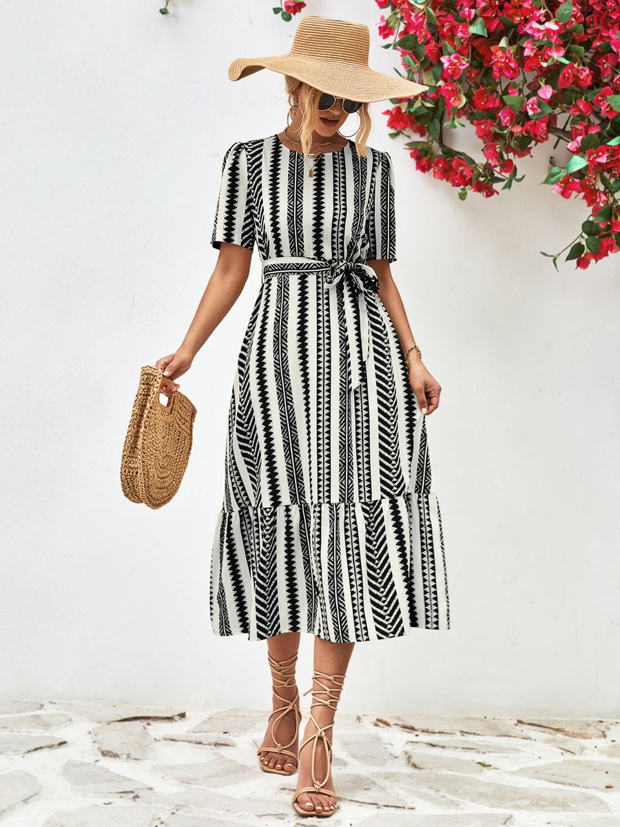 Striped Tie Belt Round Neck Puff Sleeve Dress