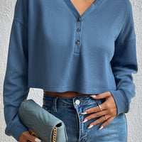 Cropped V-Neck Raglan Sleeve Buttoned Blouse