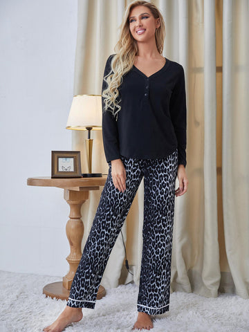 Buttoned V-Neck Top and Leopard Pants Pajama Set