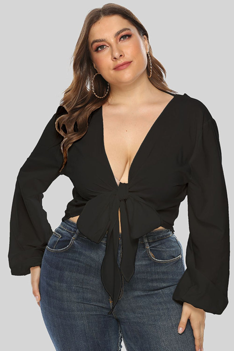 Full Size Tied Balloon Sleeve Crop Top