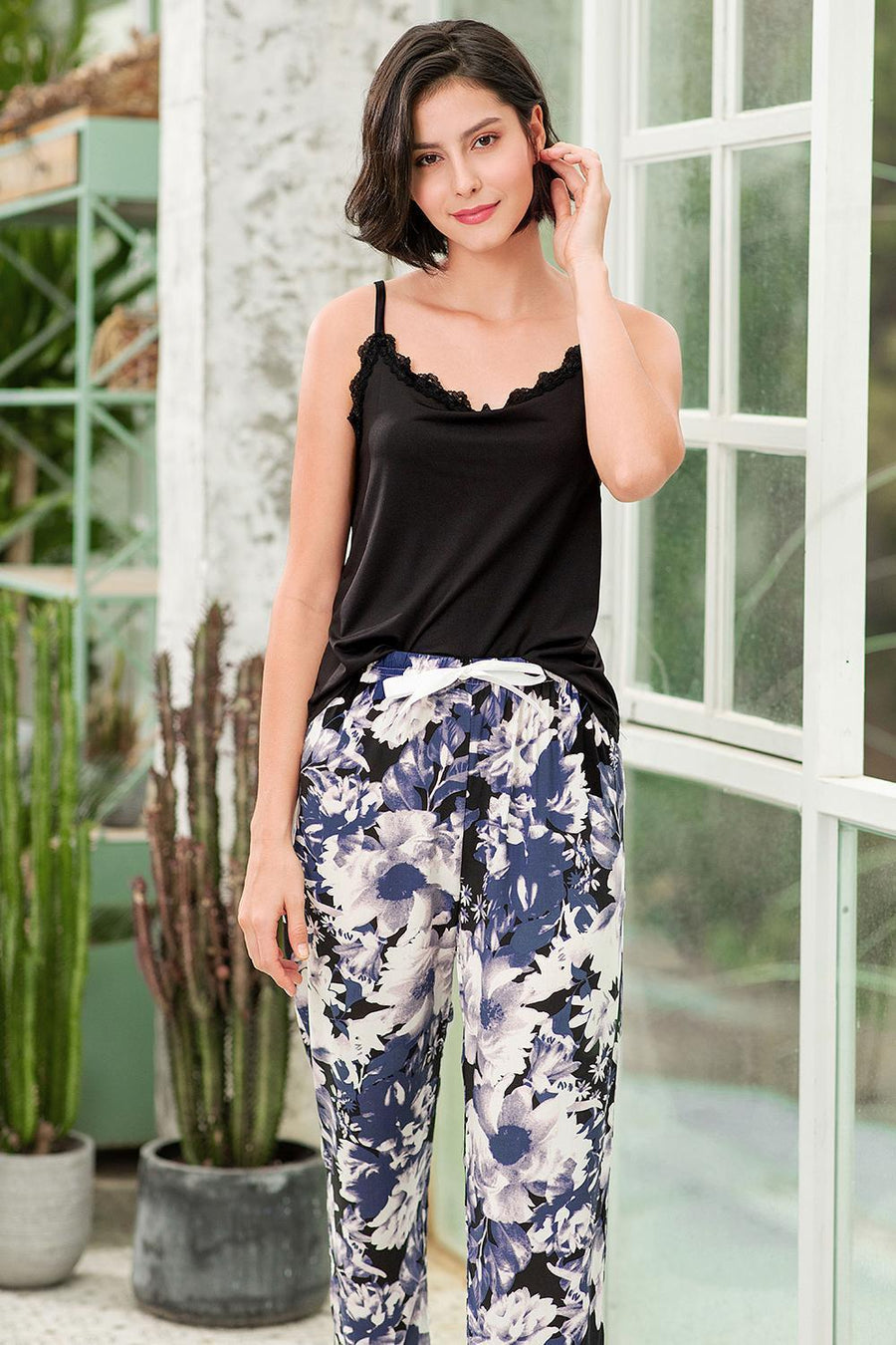 Lace Trim Cami and Floral Pants Lounge Set