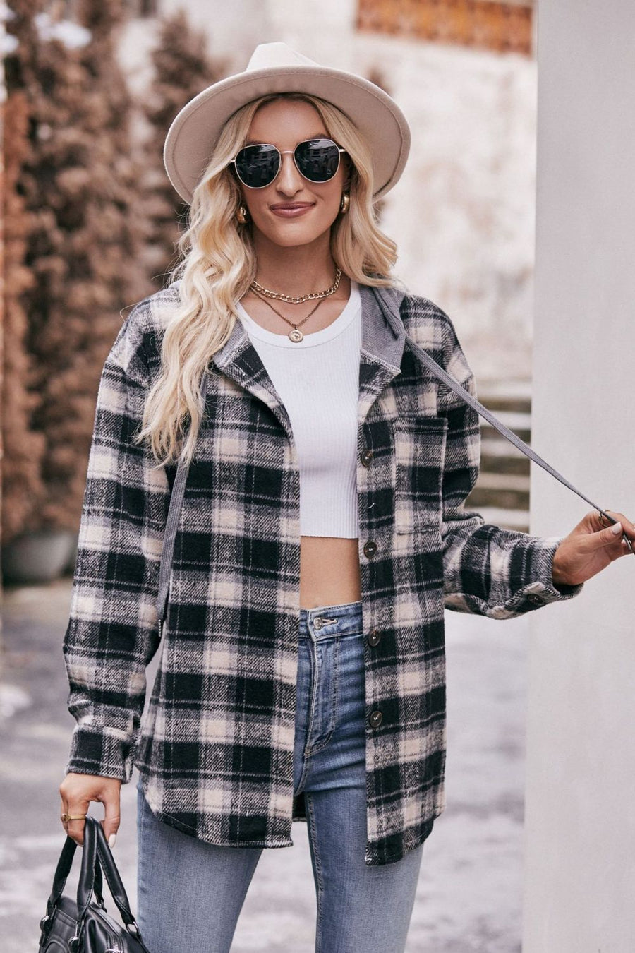 Plaid Dropped Shoulder Hooded Longline Shacket