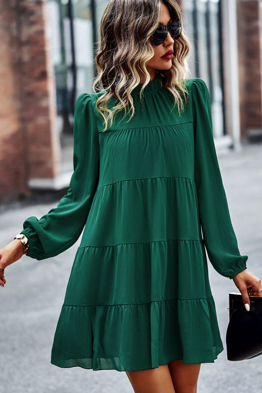 Tied Ruffle Collar Puff Sleeve Mini Dress