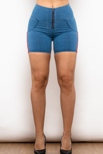 Full Size Side Stripe Zip Closure Denim Shorts