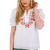 Embroidered Notched Neck Flounce Sleeve Top