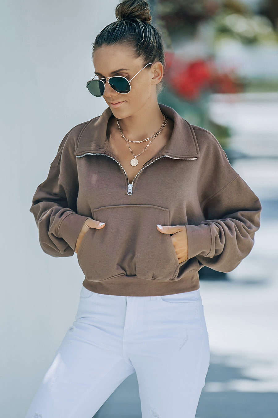 Quarter Zip Dropped Shoulder Sweatshirt with Kangaroo Pocket