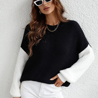 Two-Tone Rib-Knit Dropped Shoulder Sweater