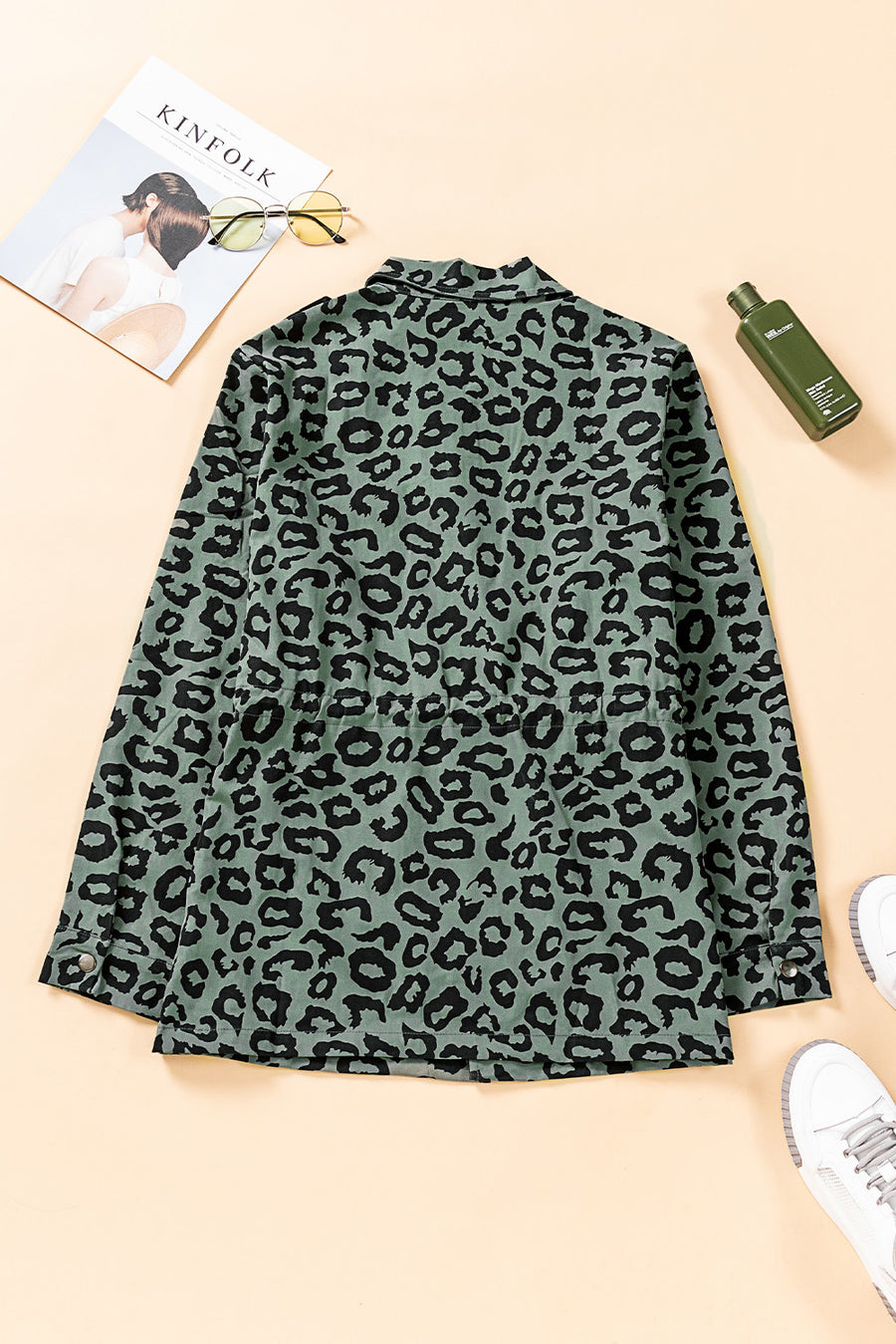 Leopard Drawstring Waist Shirt Jacket with Pockets