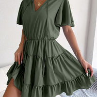 Tie Neck Tiered Flutter Sleeve Mini Dress