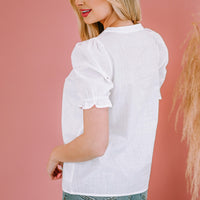 Embroidered Notched Neck Flounce Sleeve Top