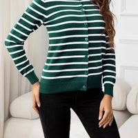 Striped Round Neck Long Sleeve Buttoned Knit Top