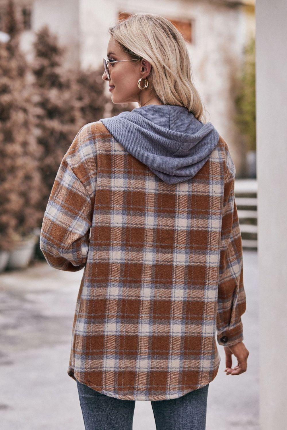 Plaid Dropped Shoulder Hooded Longline Shacket