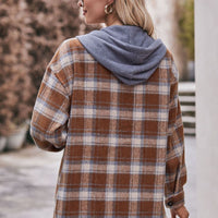 Plaid Dropped Shoulder Hooded Longline Shacket