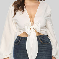 Full Size Tied Balloon Sleeve Crop Top