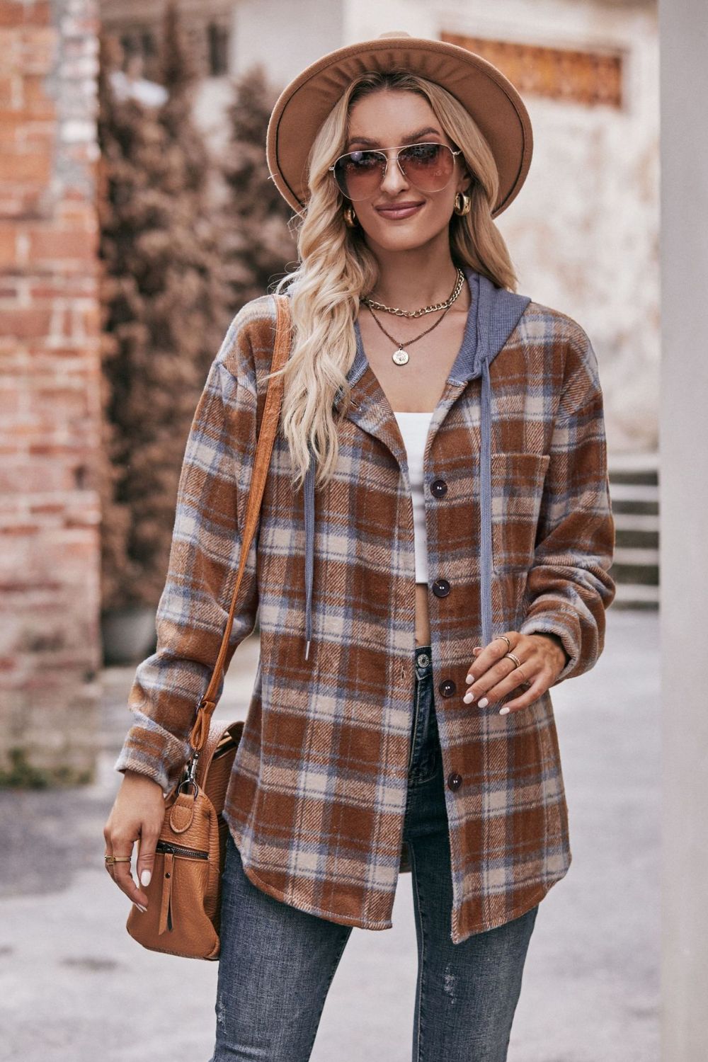 Plaid Dropped Shoulder Hooded Longline Shacket