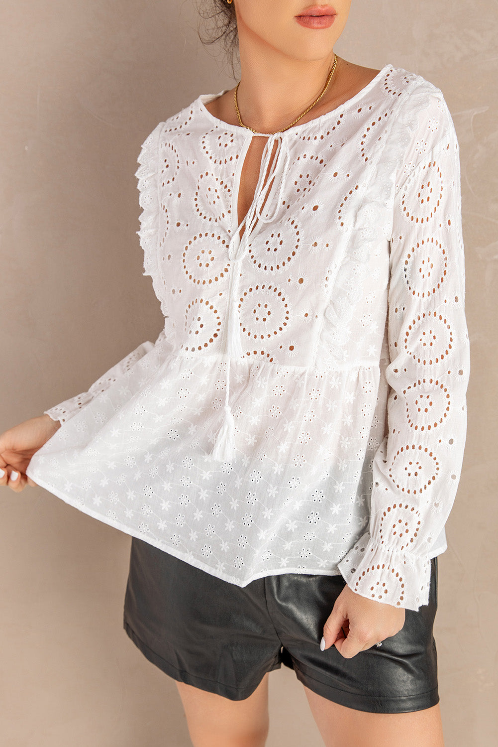 Eyelet Tie-Neck Long Flounce Sleeve Peplum Blouse