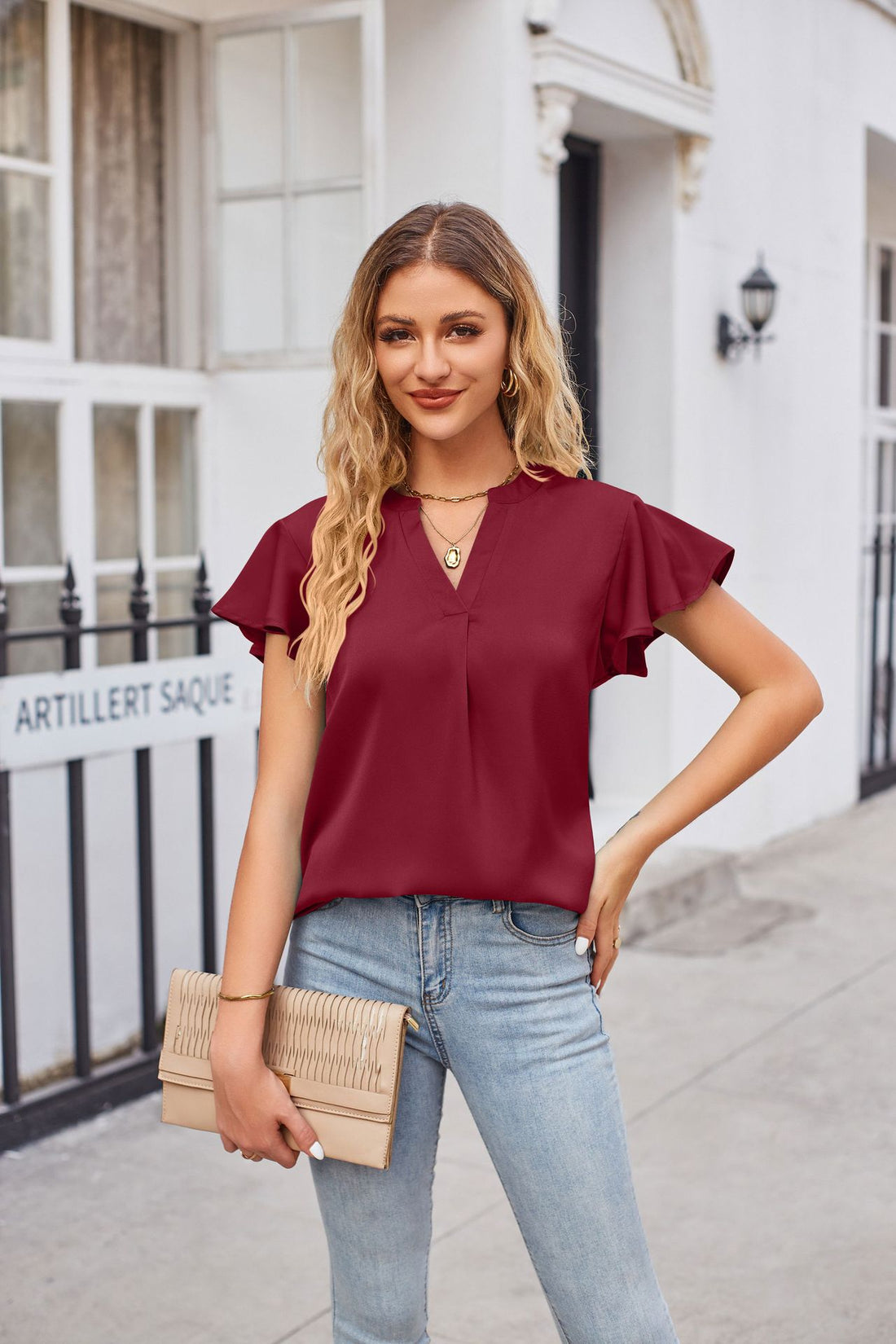 Notched Neck Flutter Sleeve Satin Top