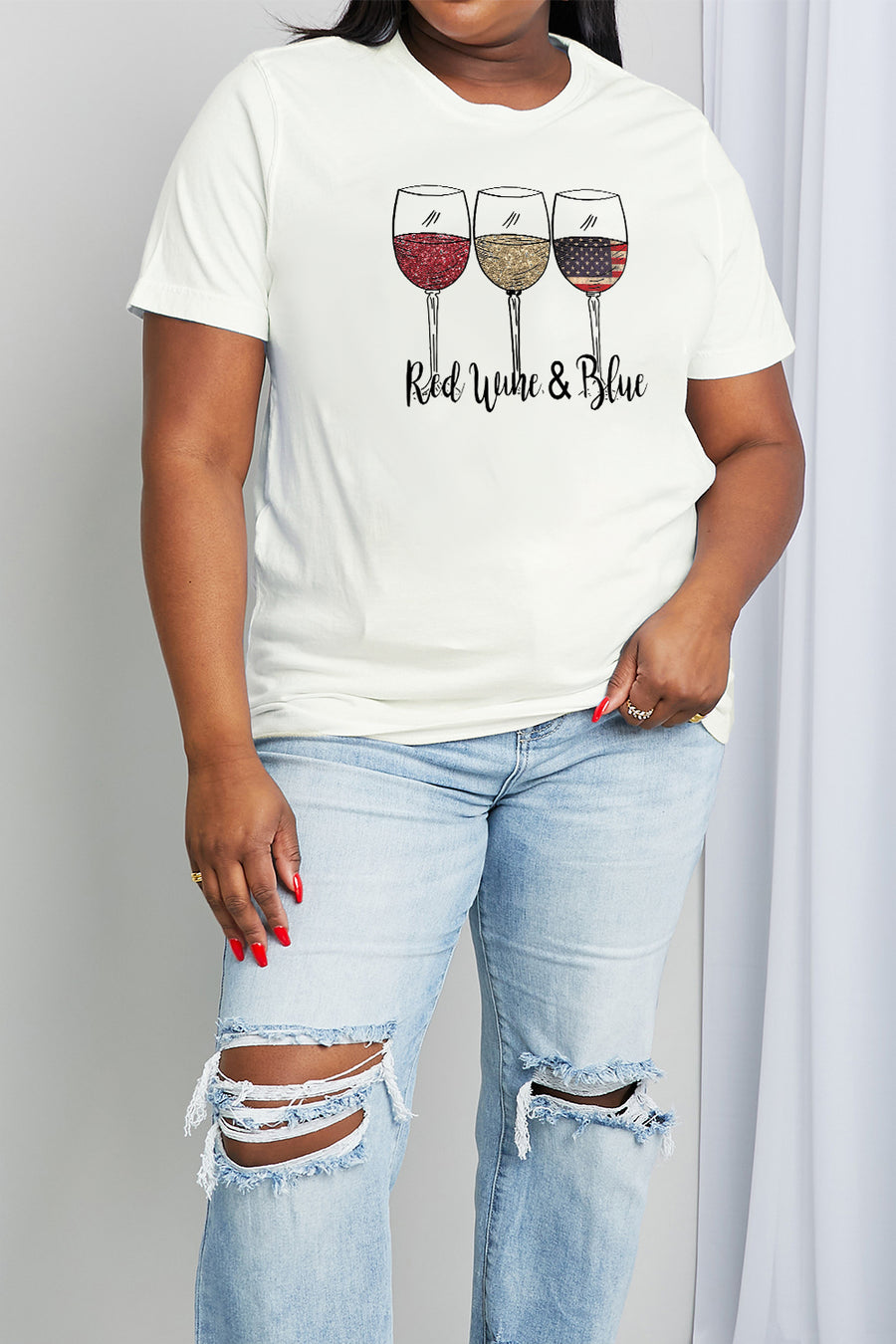 Simply Love Full Size RED WINE & BLUE Graphic Cotton Tee