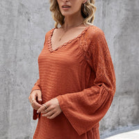 V-Neck Spliced Lace Flare Sleeve Top