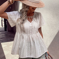 Tied Decorative Buttons Short Puff Sleeve Blouse