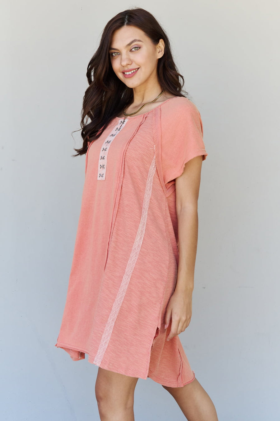 POL All Day Comfort Front Hook Contrast T-Shirt Dress in Blush Red