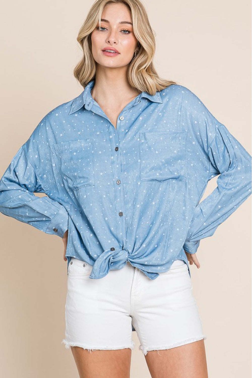 HEYSON Full Size You're A Star Button-Up Denim Look Shirt