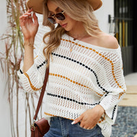 Striped Openwork Three-Quarter Sleeve Knit Top