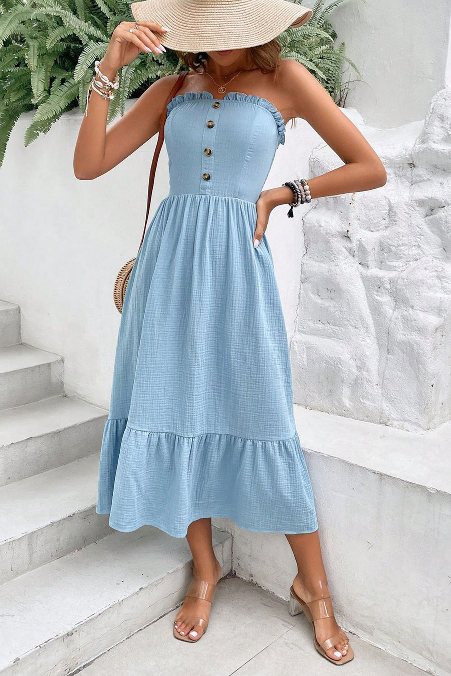 Sweetheart Neck Buttoned Sleeveless Midi Dress