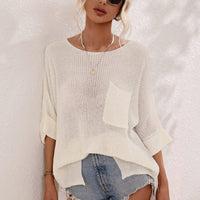 Boat Neck Cuffed Sleeve Slit Tunic Knit Top