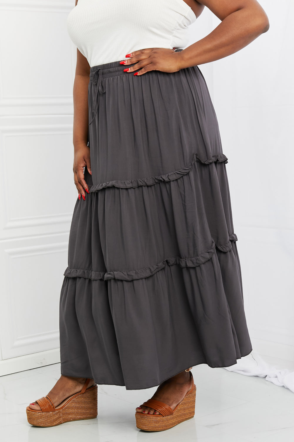 Zenana Summer Days Full Size Ruffled Maxi Skirt in Ash Grey