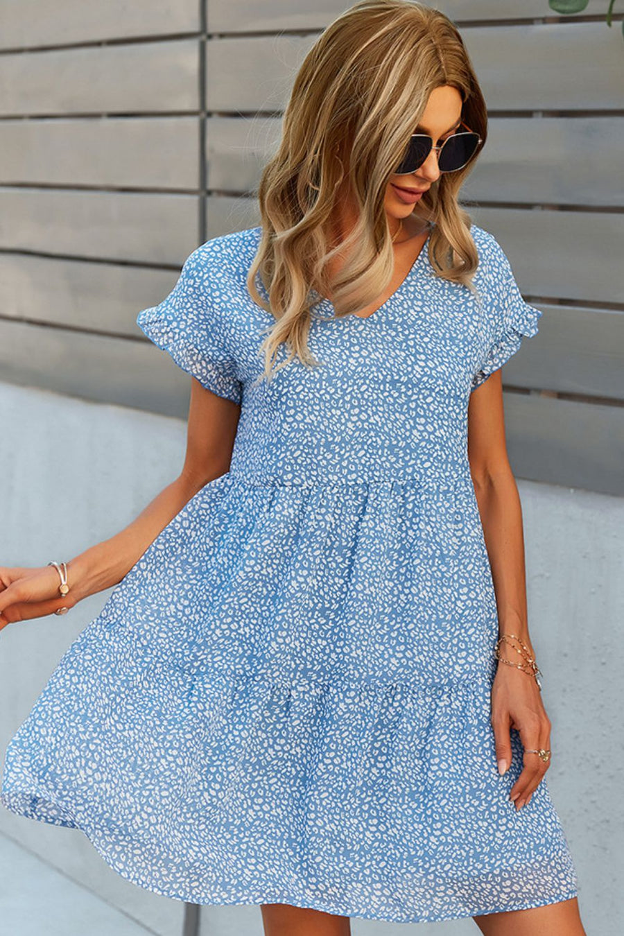 Printed V-Neck Short Sleeve Tiered Dress