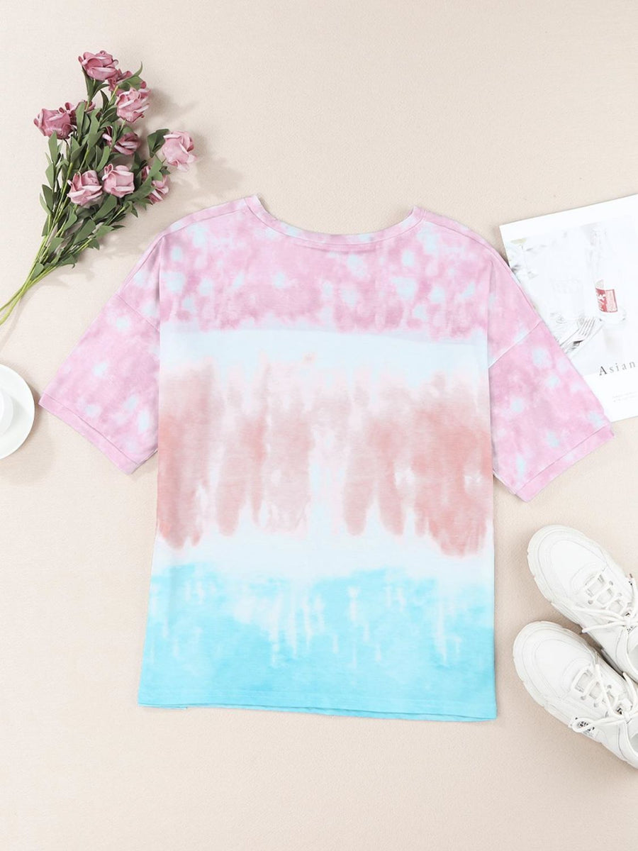 Tie-Dye Lace Trim Round Neck Top