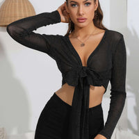 Tie Front Deep V Long Sleeve Crop Top