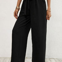 Belted Pleated Waist Wide Leg Pants