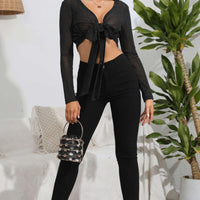 Tie Front Deep V Long Sleeve Crop Top