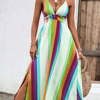 Multicolored Stripe Crisscross Backless Dress