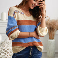 Striped V-Neck Dropped Shoulder Pullover Sweater