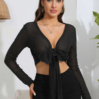 Tie Front Deep V Long Sleeve Crop Top