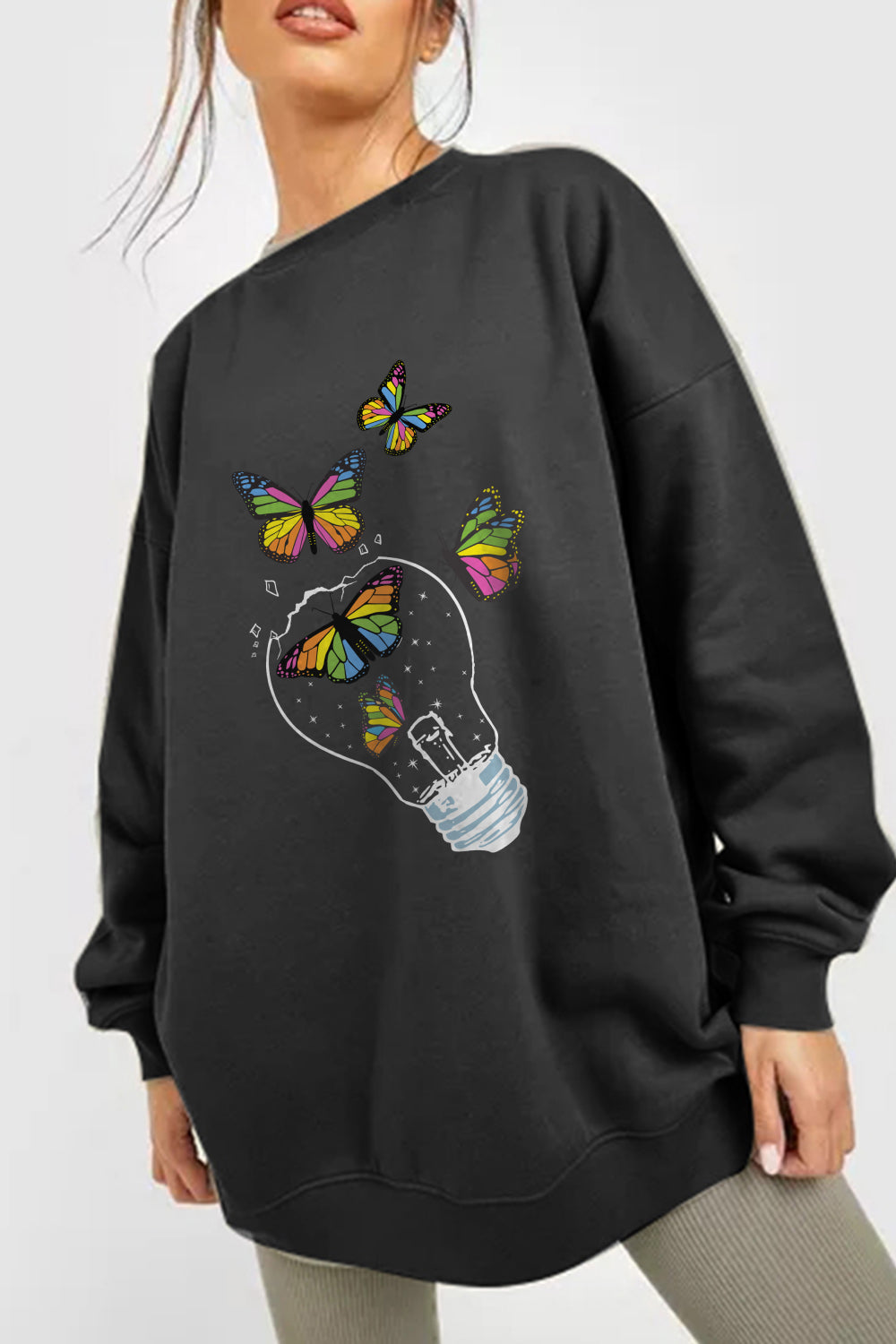 Simply Love Simply Love Full Size Dropped Shoulder Light Blub & Butterfly Graphic Sweatshirt