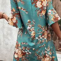 Floral Print Round Neck Flounce Sleeve Mini Dress