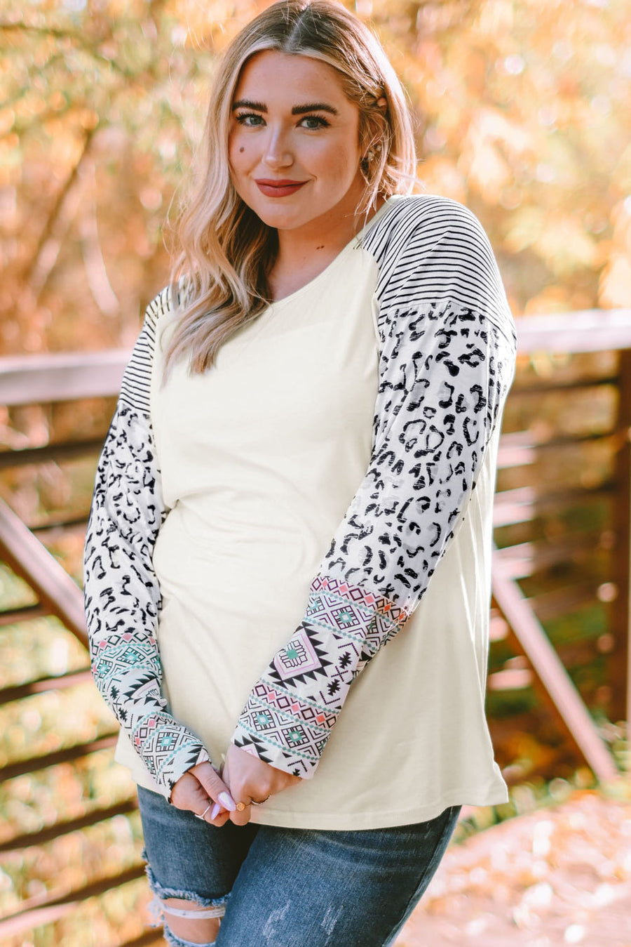 Plus Size Mixed Print Raglan Sleeve Round Neck Top