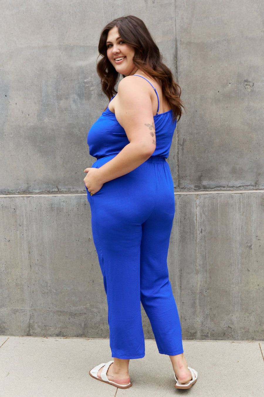 ODDI Full Size Textured Woven Jumpsuit in Royal Blue