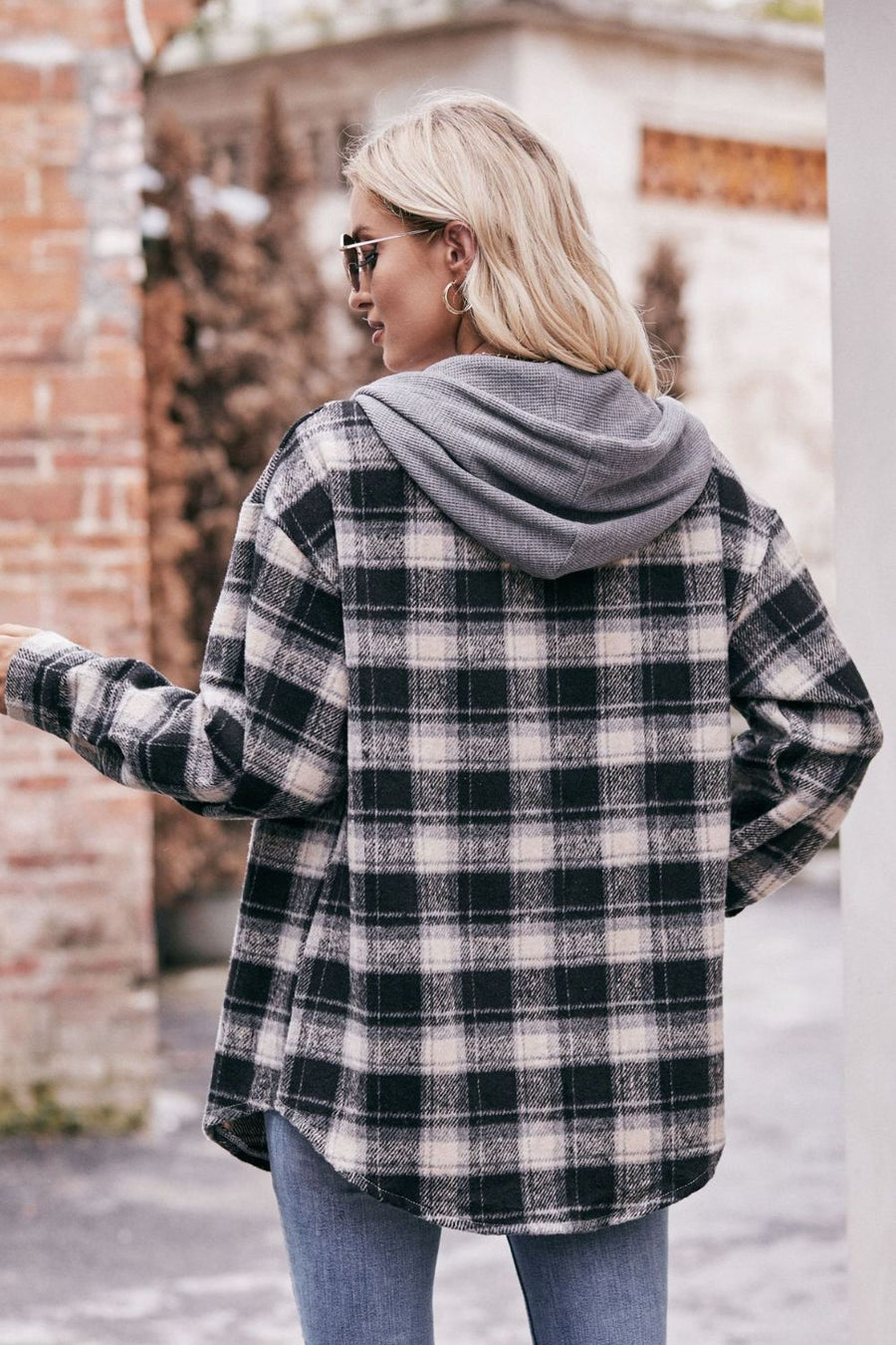 Plaid Dropped Shoulder Hooded Longline Shacket