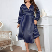 Melo Apparel Plus Size Striped Surplice Neck Long Sleeve Dress