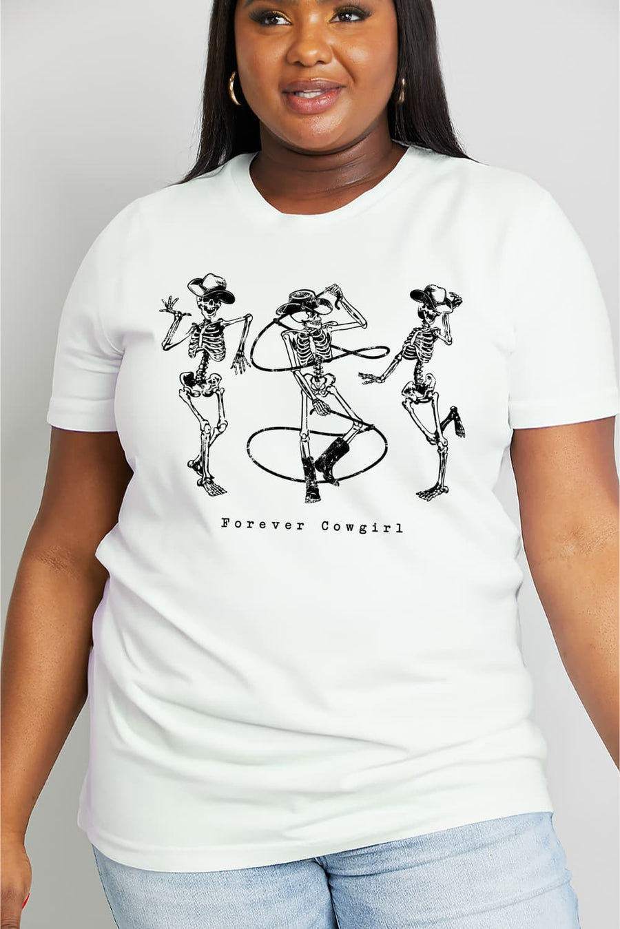 Simply Love Full Size FOREVER COWGIRL Dancing Skeleton Graphic Cotton Tee